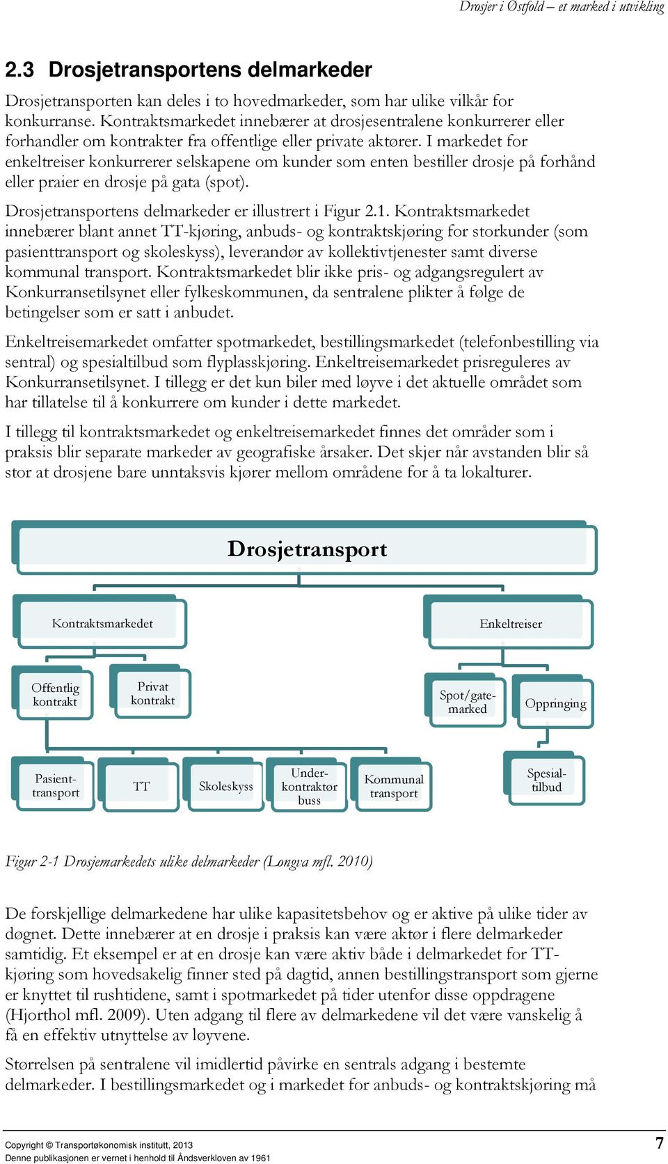 I markedet for enkeltreiser konkurrerer selskapene om kunder som enten bestiller drosje på forhånd eller praier en drosje på gata (spot). Drosjetransportens delmarkeder er illustrert i Figur 2.1.