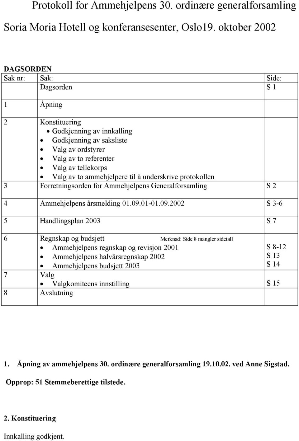 to ammehjelpere til å underskrive protokollen 3 Forretningsorden for Ammehjelpens Generalforsamling S 2 4 Ammehjelpens årsmelding 01.09.