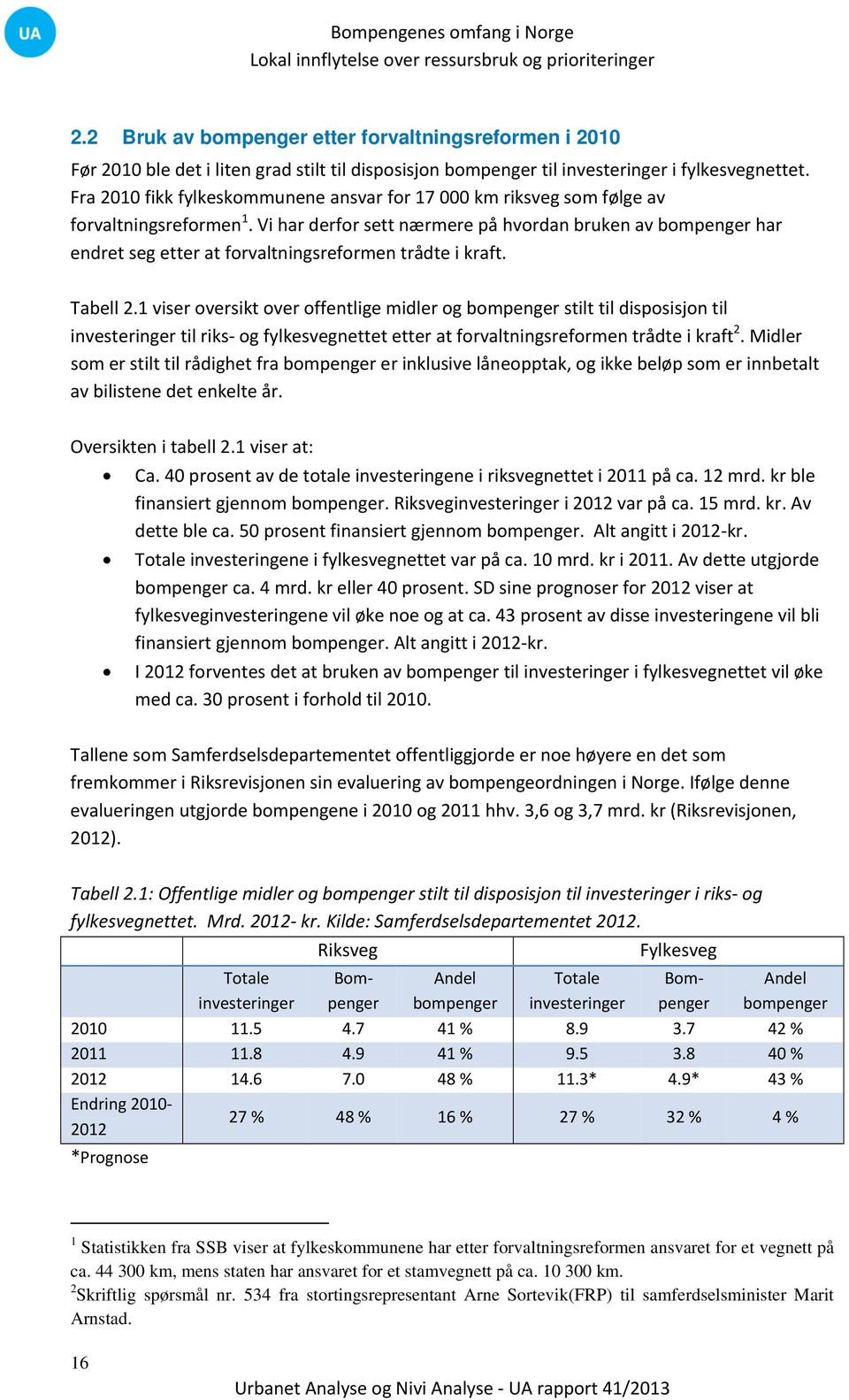 Vi har derfor sett nærmere på hvordan bruken av bompenger har endret seg etter at forvaltningsreformen trådte i kraft. Tabell 2.