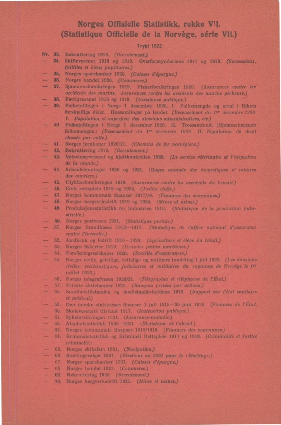 Fiskerforsikringen 1920. (Assurances contre les accidents des marins. Assurances contre les accidents des marins pêcheurs.) 38. Fattigvesenet 1918 og 1919. (Assistance publique.) 39.