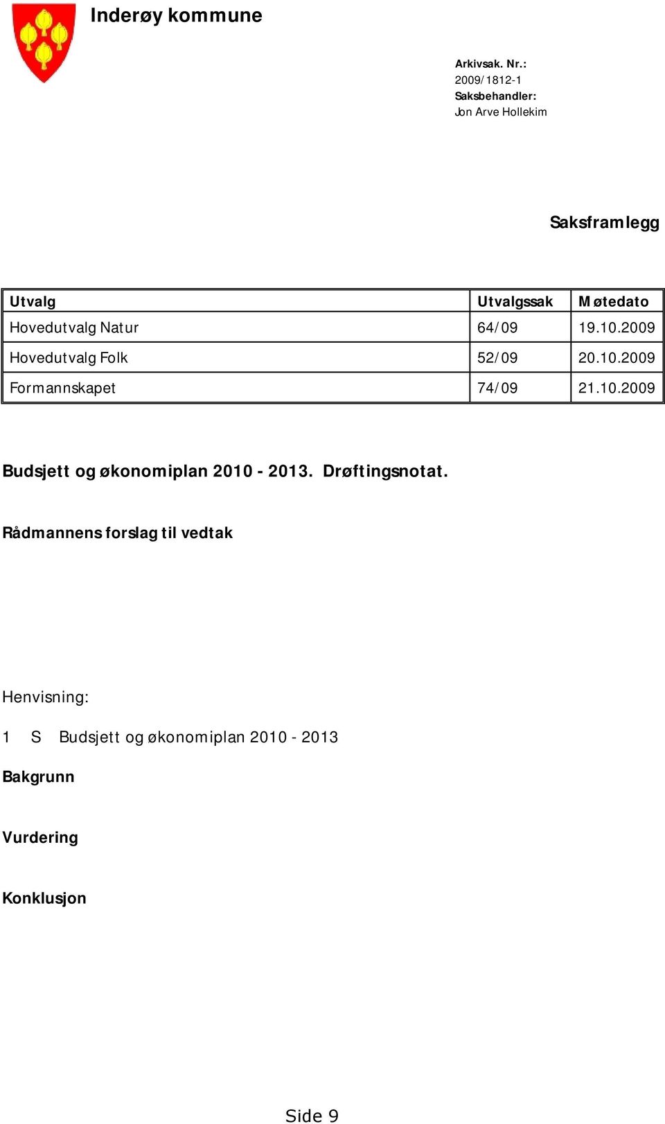 Hovedutvalg Natur 64/09 19.10.2009 Hovedutvalg Folk 52/09 20.10.2009 Formannskapet 74/09 21.10.2009 Budsjett og økonomiplan 2010-2013.