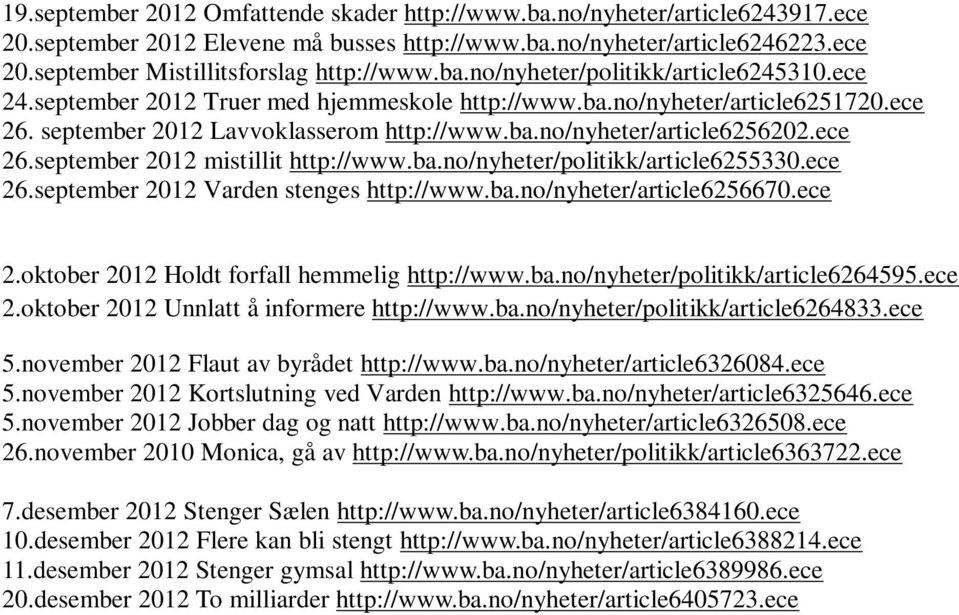 ece 26.september 2012 mistillit http://www.ba.no/nyheter/politikk/article6255330.ece 26.september 2012 Varden stenges http://www.ba.no/nyheter/article6256670.ece 2.oktober 2012 Holdt forfall hemmelig http://www.