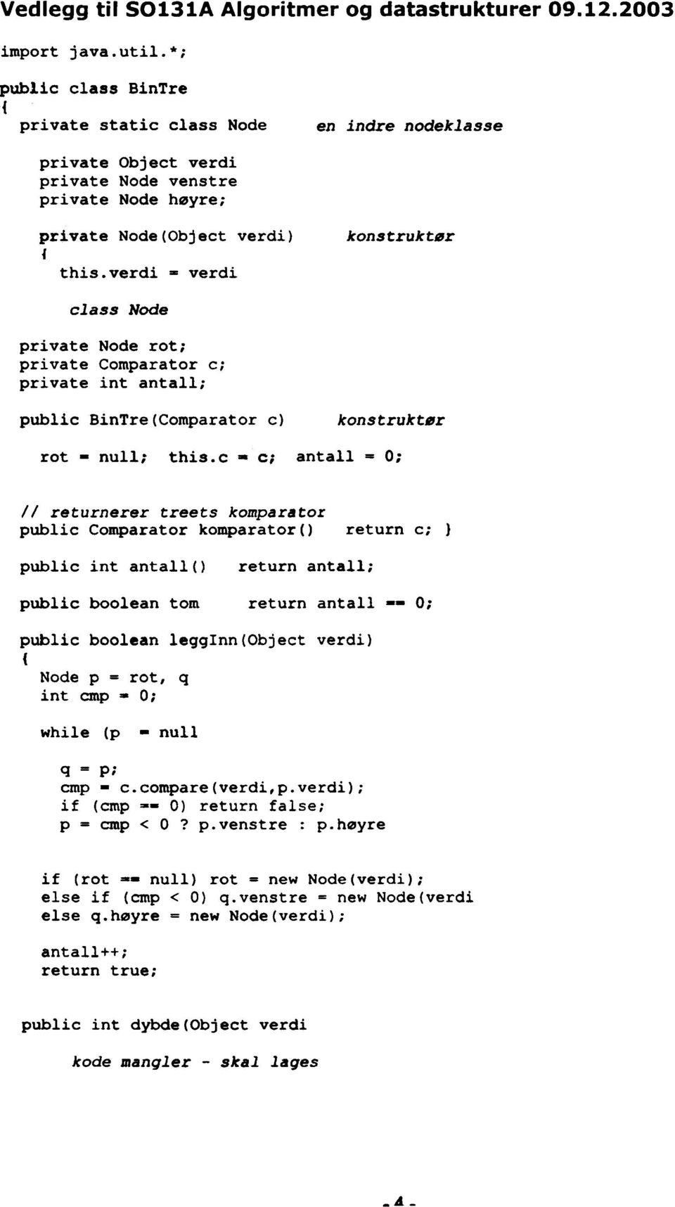 verdi z verdi konstruktør class Node private Node rot; private Cornparator c; private int antall; public BinTre(Comparator c) konstruktør rot - null; this.