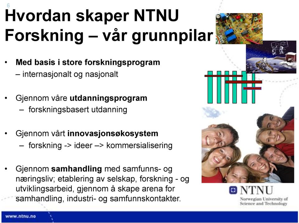 forskning -> ideer > kommersialisering Gjennom samhandling med samfunns- og næringsliv; etablering av