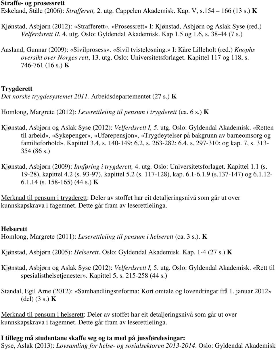 «Sivil tvisteløsning.» I: Kåre Lilleholt (red.) Knophs oversikt over Norges rett, 13. utg. Oslo: Universitetsforlaget. Kapittel 117 og 118, s. 746-761 (16 s.