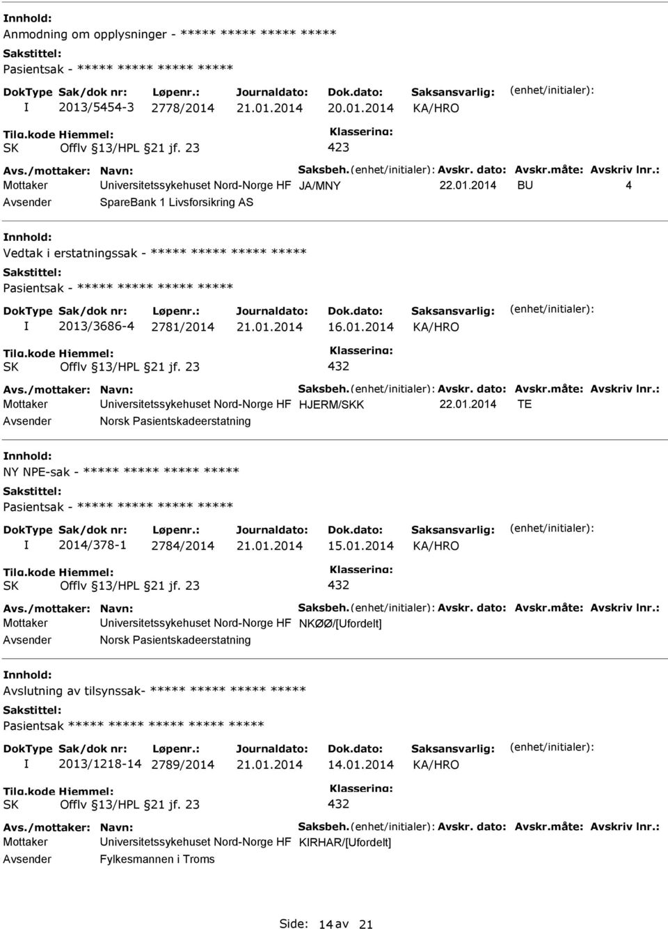 01.2014 432 Avs./mottaker: Navn: Saksbeh. Avskr. dato: Avskr.måte: Avskriv lnr.