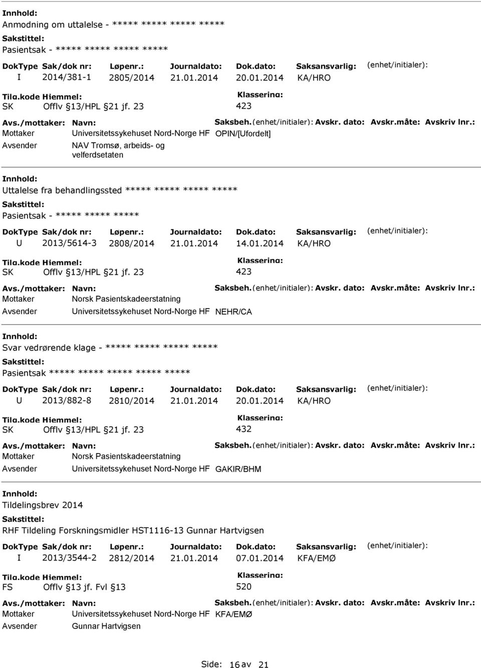 2808/2014 14.01.2014 Avs./mottaker: Navn: Saksbeh. Avskr. dato: Avskr.måte: Avskriv lnr.