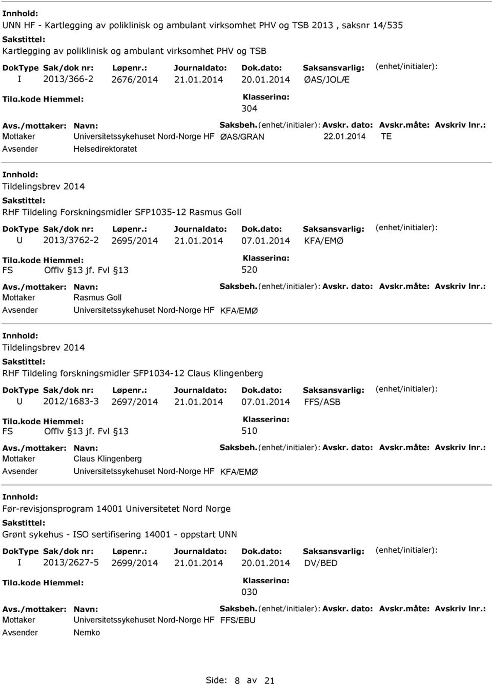 2014 TE Helsedirektoratet RHF Tildeling Forskningsmidler SFP1035-12 Rasmus Goll 2013/3762-2 2695/2014 Avs./mottaker: Navn: Saksbeh. Avskr. dato: Avskr.måte: Avskriv lnr.