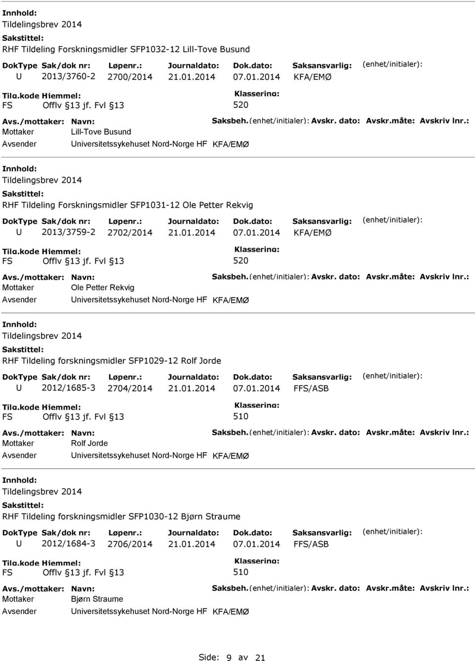 måte: Avskriv lnr.: Mottaker Ole Petter Rekvig niversitetssykehuset Nord-Norge HF RHF Tildeling forskningsmidler SFP1029-12 Rolf Jorde 2012/1685-3 2704/2014 F/ASB Avs./mottaker: Navn: Saksbeh. Avskr. dato: Avskr.