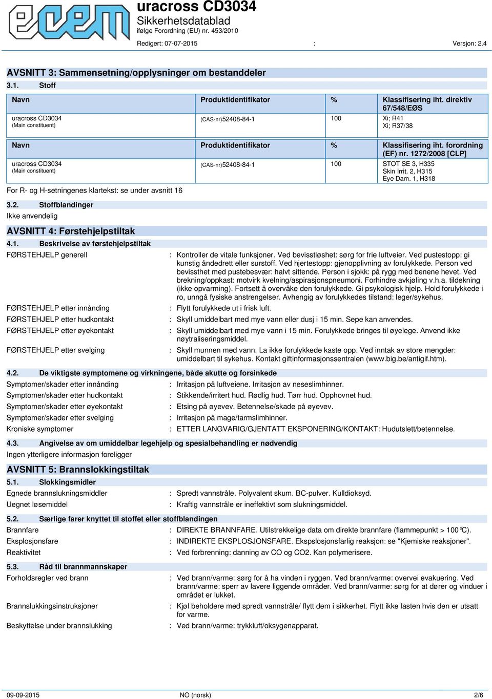 1272/2008 [CLP] uracross CD3034 (Main constituent) For R- og H-setningenes klartekst: se under avsnitt 16 (CAS-nr)52408-84-1 100 STOT SE 3, H335 Skin Irrit. 2, H315 Eye Dam. 1, H318 3.2. Stoffblandinger Ikke anvendelig AVSNITT 4: Førstehjelpstiltak 4.