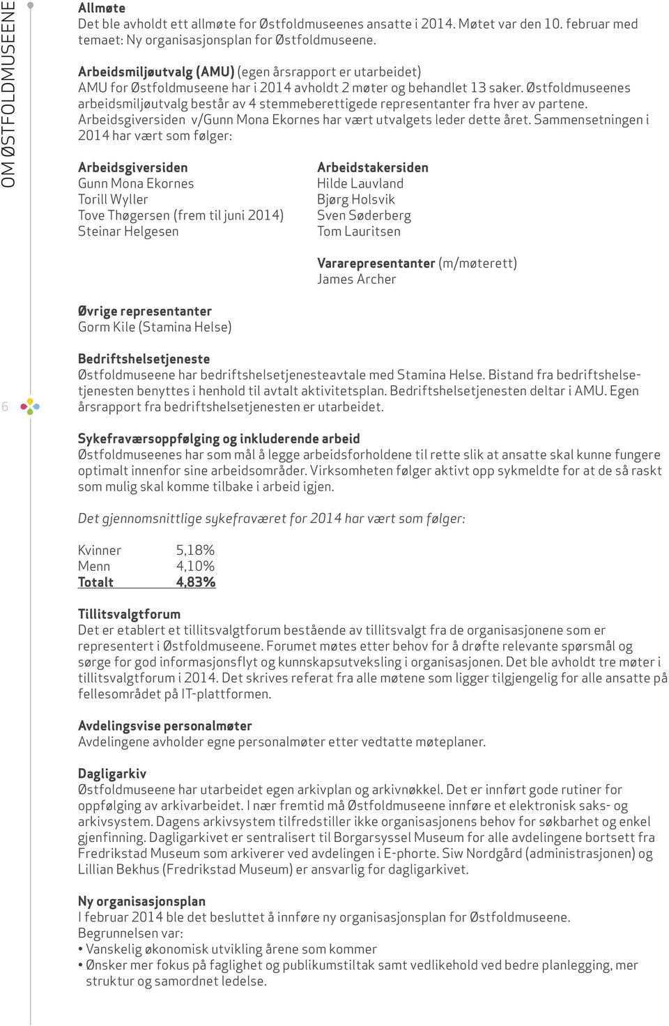 Østfoldmuseenes arbeidsmiljøutvalg består av 4 stemmeberettigede representanter fra hver av partene. Arbeidsgiversiden v/gunn Mona Ekornes har vært utvalgets leder dette året.