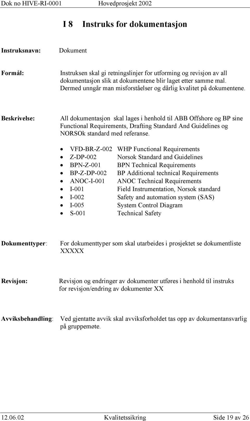 All dokumentasjon skal lages i henhold til ABB Offshore og BP sine Functional Requirements, Drafting Standard And Guidelines og NORSOk standard med referanse.