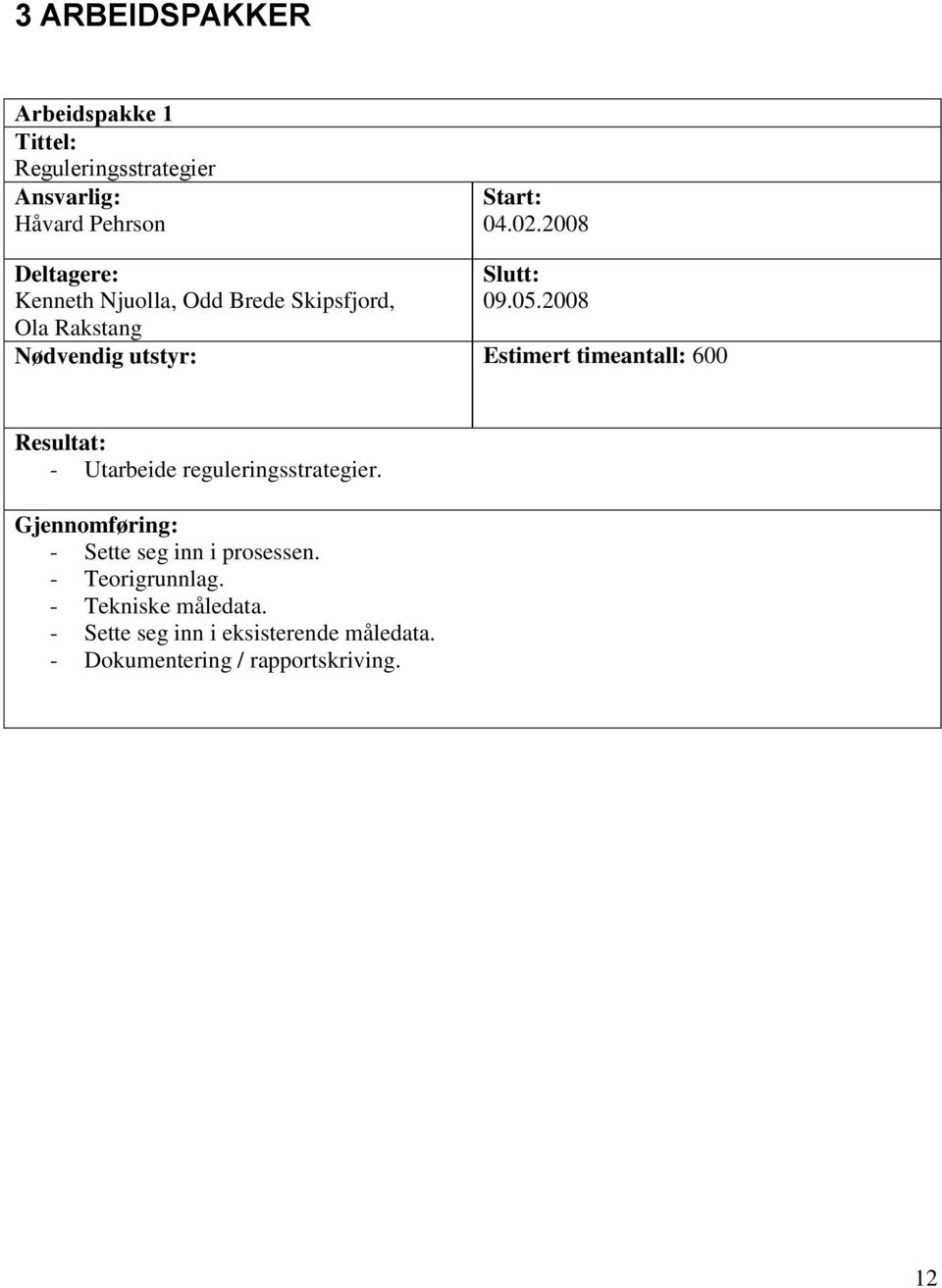 2008 Nødvendig utstyr: Estimert timeantall: 600 Resultat: - Utarbeide reguleringsstrategier.