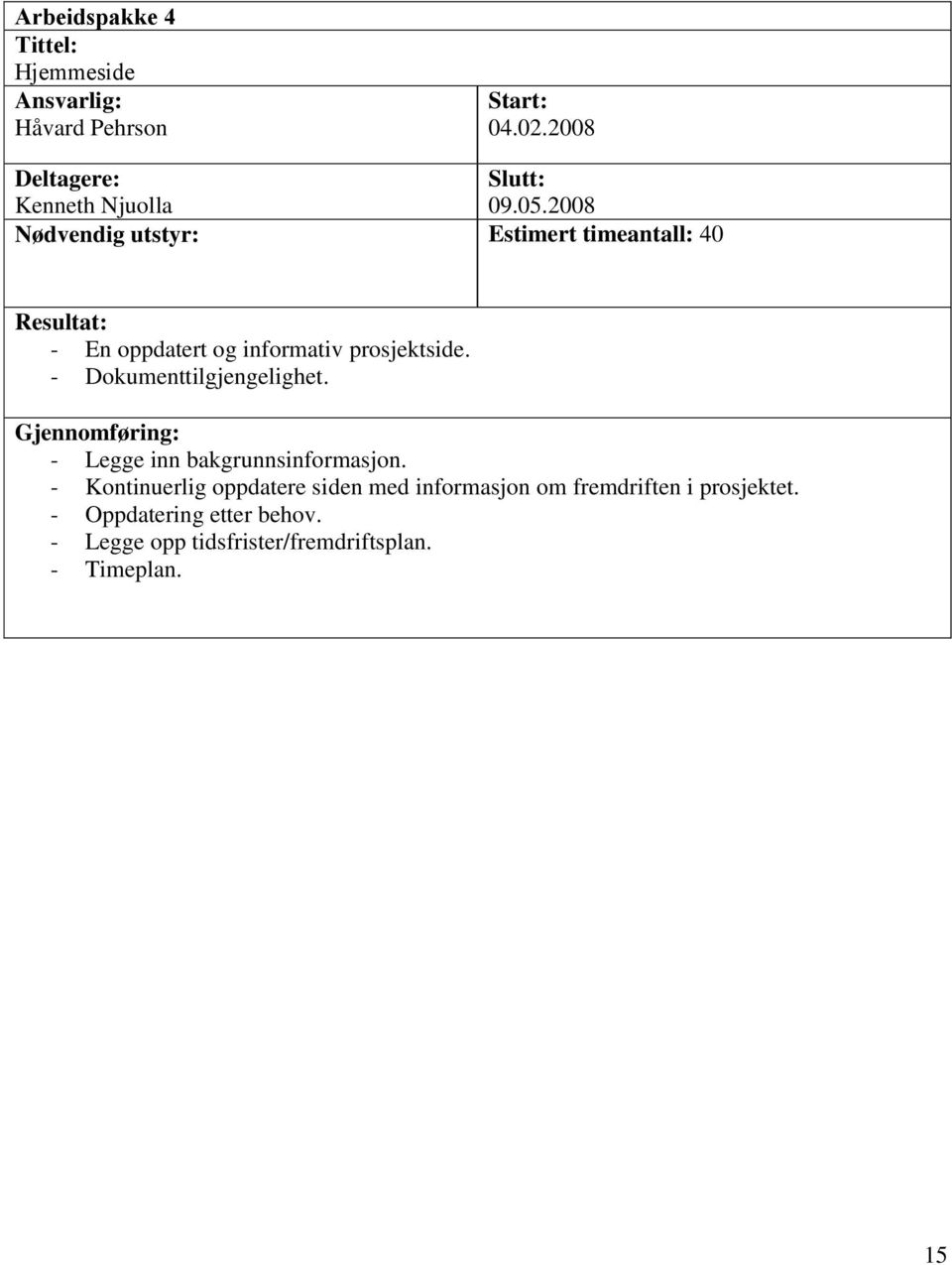 2008 Nødvendig utstyr: Estimert timeantall: 40 Resultat: - En oppdatert og informativ prosjektside.