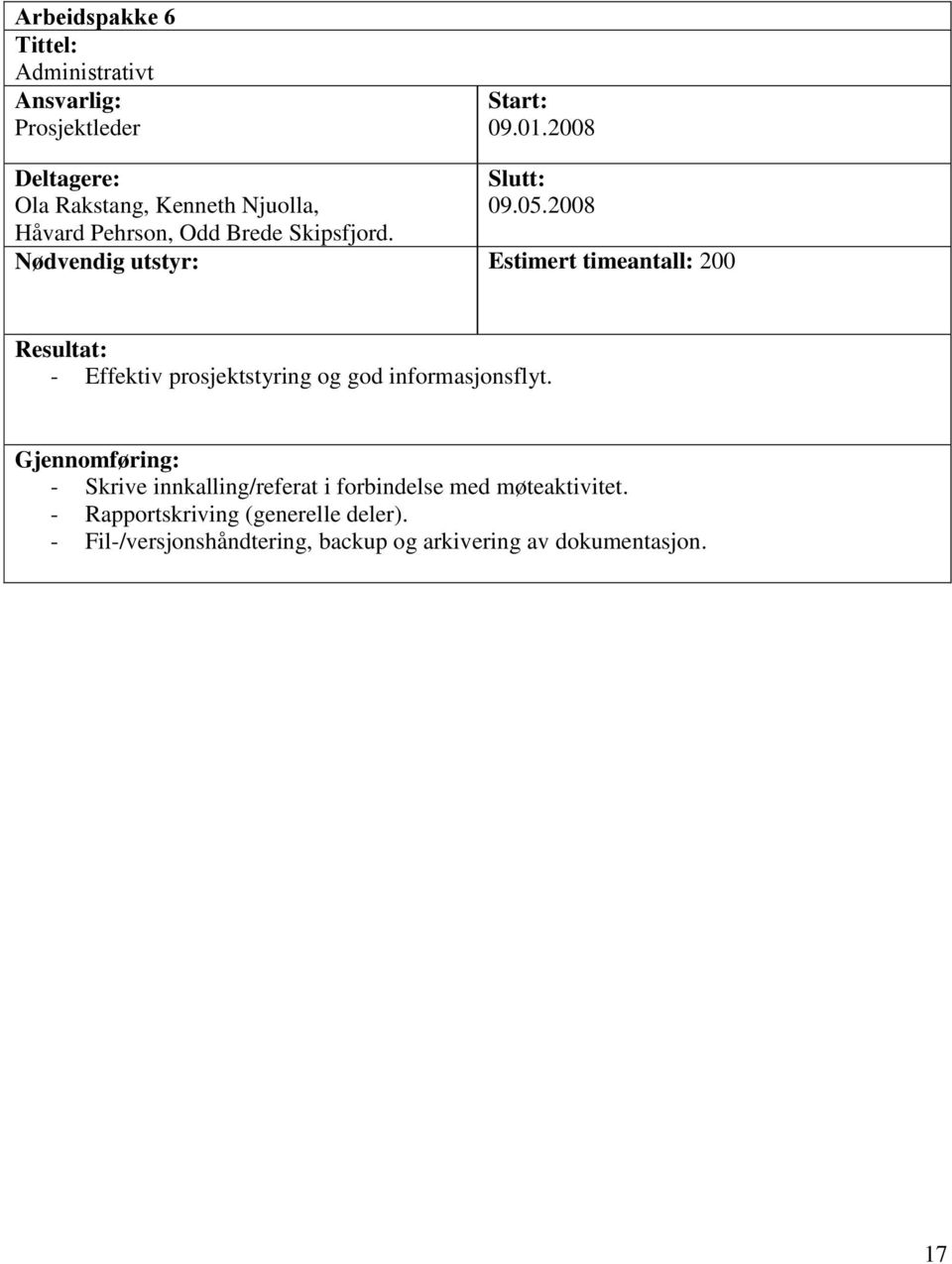 2008 Nødvendig utstyr: Estimert timeantall: 200 Resultat: - Effektiv prosjektstyring og god informasjonsflyt.