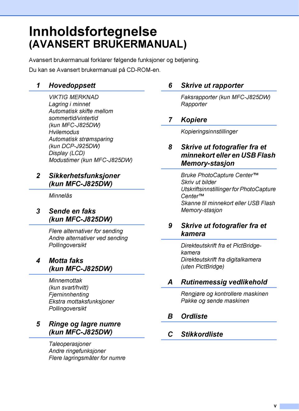 MFC-J825DW) 2 Sikkerhetsfunksjoner (kun MFC-J825DW) Minnelås 3 Sende en faks (kun MFC-J825DW) Flere alternativer for sending Andre alternativer ved sending Pollingoversikt 4 Motta faks (kun