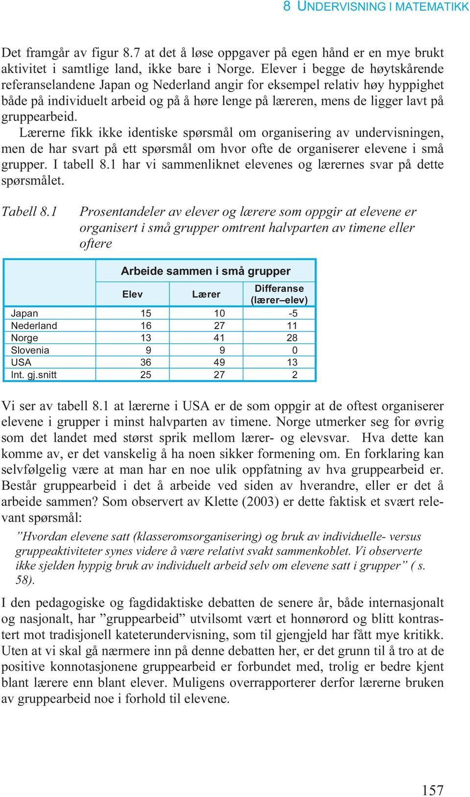 Lærerne fikk ikke identiske spørsmål om organisering av undervisningen, men de har svart på ett spørsmål om hvor ofte de organiserer elevene i små grupper. I tabell 8.