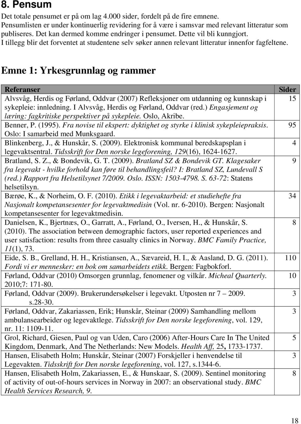 Emne 1: Yrkesgrunnlag og rammer Referanser Alvsvåg, Herdis og Førland, Oddvar (2007) Refleksjoner om utdanning og kunnskap i sykepleie: innledning. I Alvsvåg, Herdis og Førland, Oddvar (red.