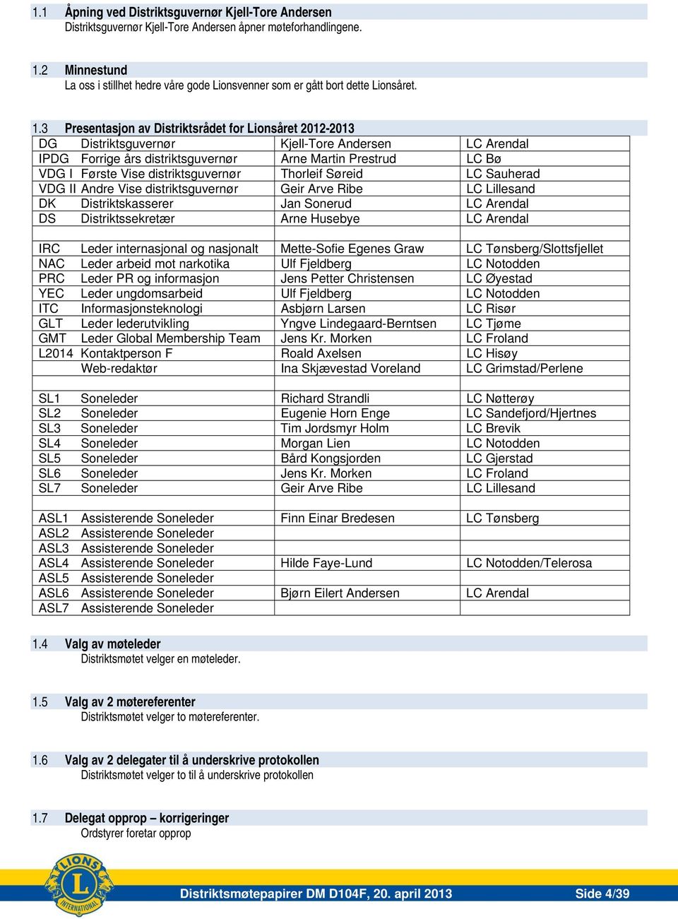 distriktsguvernør Thorleif Søreid LC Sauherad VDG II Andre Vise distriktsguvernør Geir Arve Ribe LC Lillesand DK Distriktskasserer Jan Sonerud LC Arendal DS Distriktssekretær Arne Husebye LC Arendal