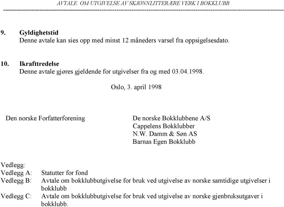 april 1998 Den norske Forfatterforening De norske Bokklubbene A/S Cappelens Bokklubber N.W.