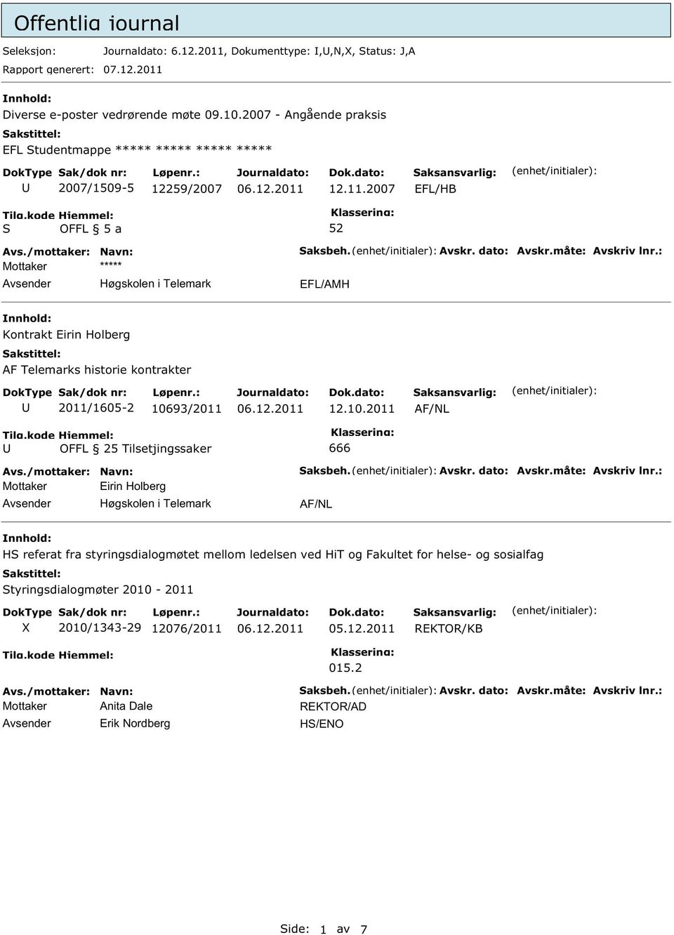 : EFL/AMH Kontrakt Eirin Holberg AF Telemarks historie kontrakter 2011/1605-2 10693/2011 12.10.2011 AF/NL OFFL 25 Tilsetjingssaker 666 Mottaker Eirin Holberg aksbeh. Avskr. dato: Avskr.