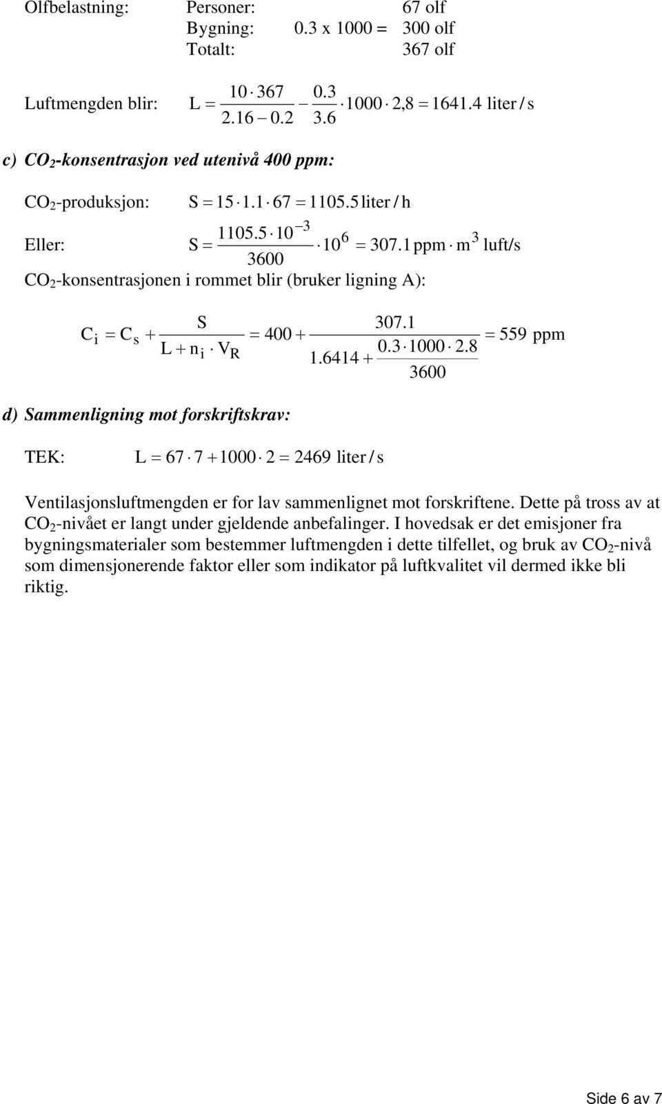 1 ppm m luft/ 3600 CO 2 -konentrajonen rommet blr (bruker lgnng A): S 307.1 C = C + = 400 + = 559 ppm L + n V 0.3 1000 2.8 1.