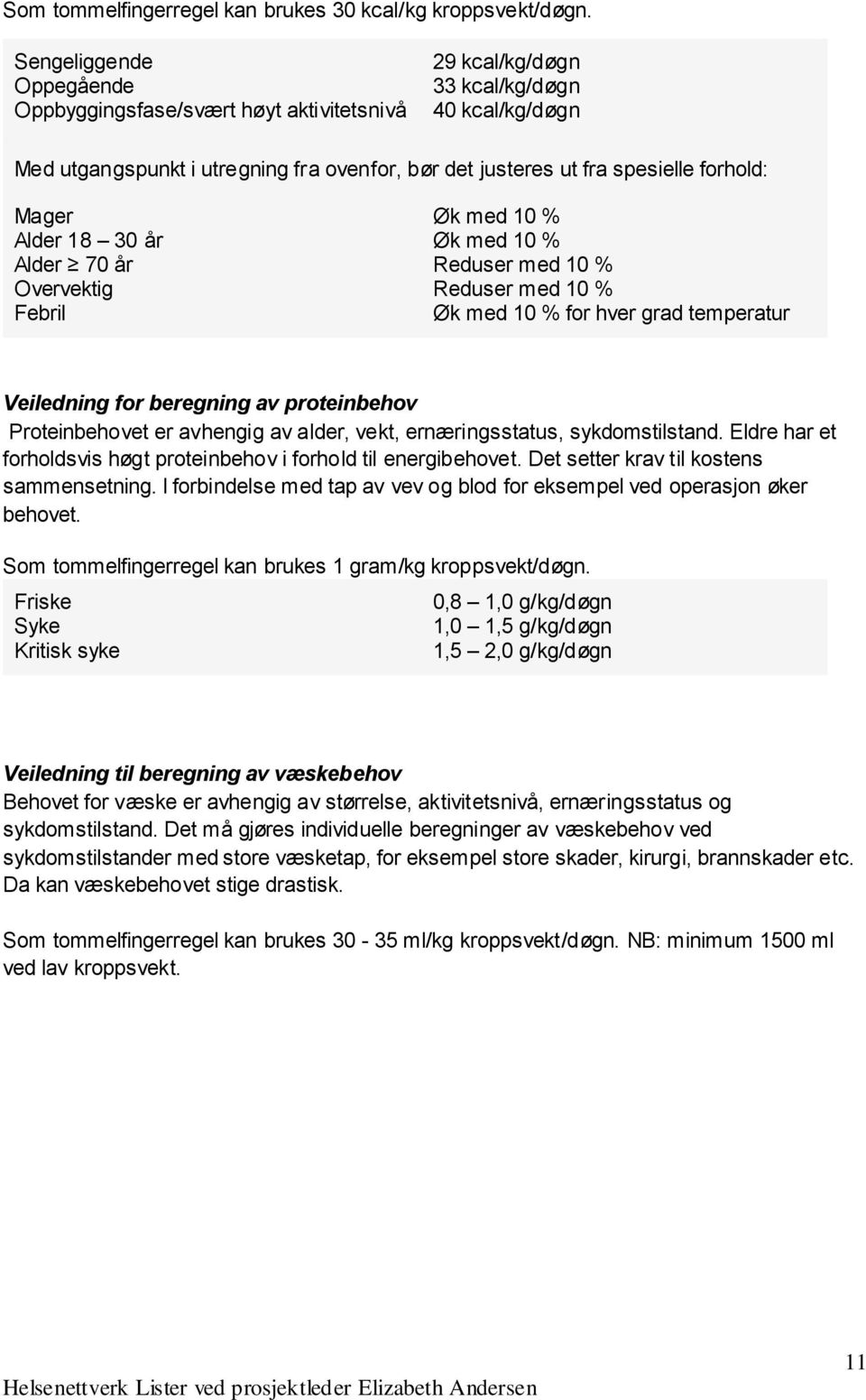 Mager Alder 18 30 år Alder 70 år Overvektig Febril Øk med 10 % Øk med 10 % Reduser med 10 % Reduser med 10 % Øk med 10 % for hver grad temperatur Veiledning for beregning av proteinbehov