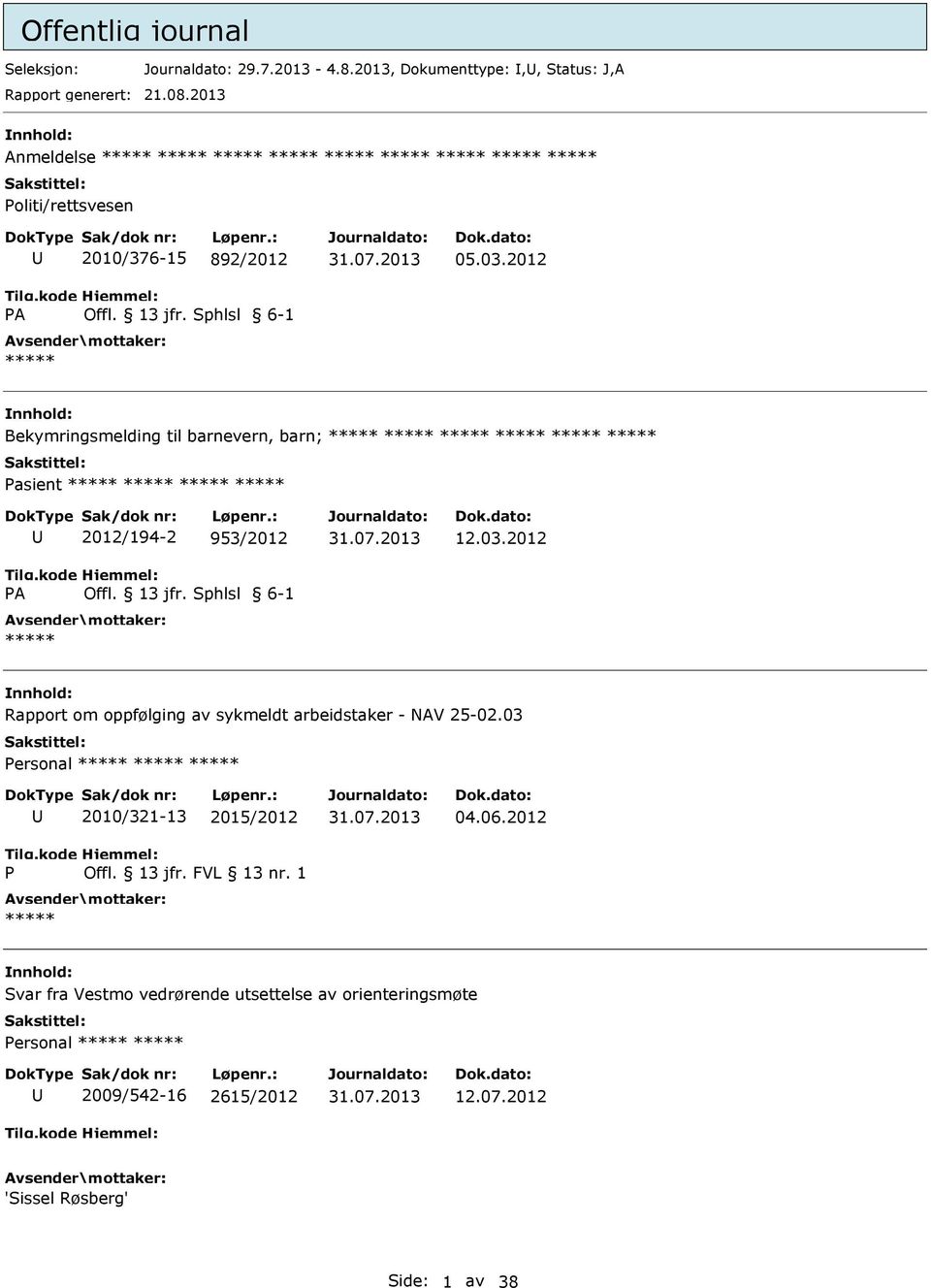 2012 Bekymringsmelding til barnevern, barn; Pasient PA 2012/194-2 953/2012 Offl. 13 jfr. Sphlsl 6-1 12.03.