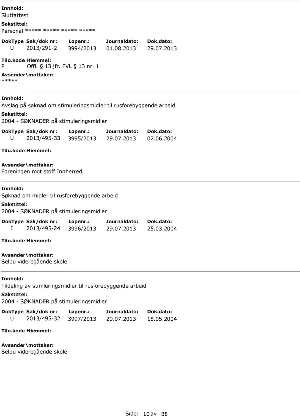 2004 Foreningen mot stoff nnherred Søknad om midler til rusforebyggende arbeid 2013/495-24 3996/2013 25.03.