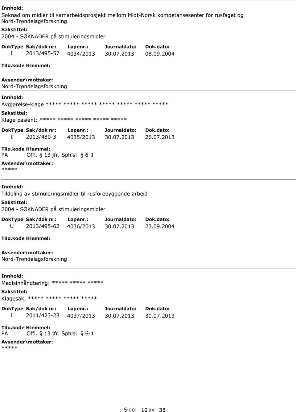 2004 Nord-Trøndelagsforskning Avgjørelse-klage Klage pasient: PA 2013/480-3 4035/2013 Offl. 13 jfr.