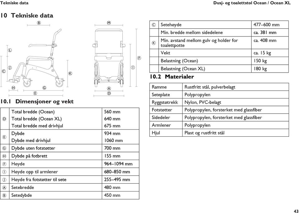 1 Dimensjoner og vekt D E Total bredde (Ocean) Total bredde (Ocean XL) Total bredde med drivhjul Dybde Dybde med drivhjul 560 mm 640 mm 675 mm 934 mm 1060 mm G Dybde uten fotstøtter 700 mm H Dybde på