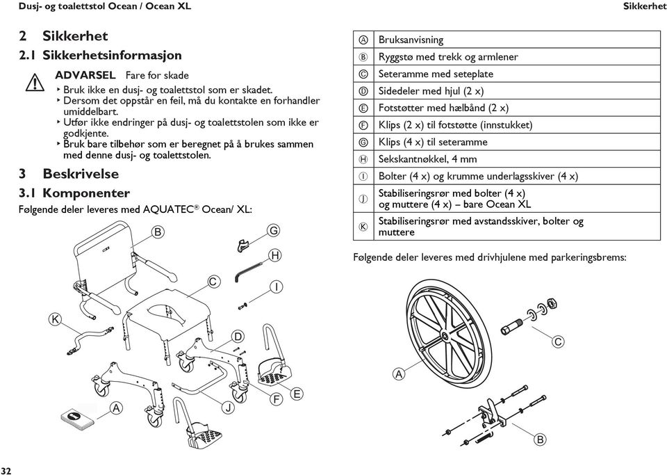 Bruk bare tilbehør som er beregnet på å brukes sammen med denne dusj- og toalettstolen. 3 Beskrivelse 3.