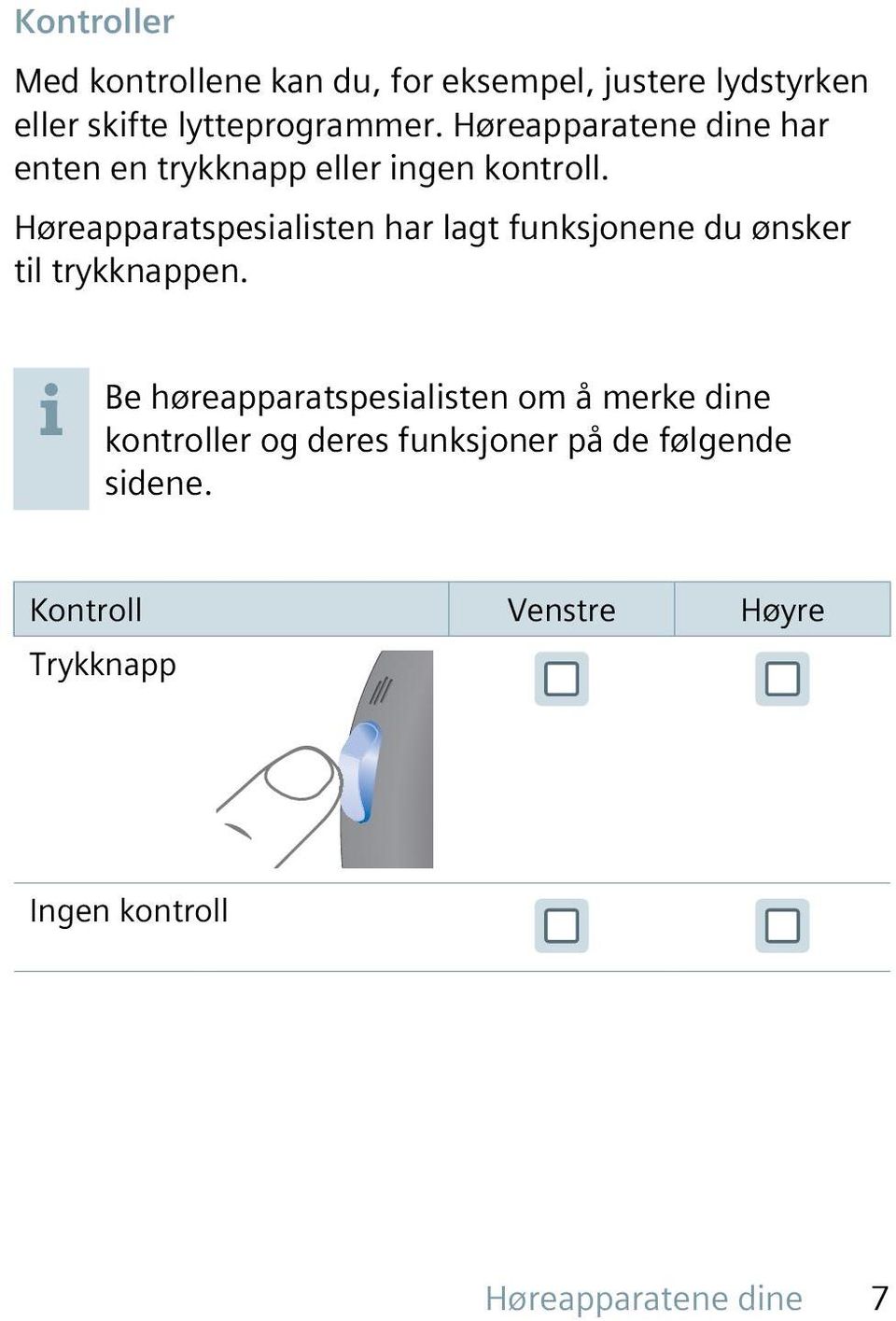 Høreapparatspesialisten har lagt funksjonene du ønsker til trykknappen.