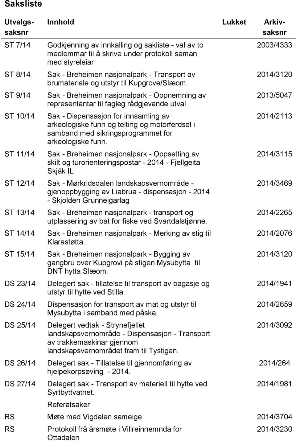 Sak - Breheimen nasjonalpark - Oppnemning av representantar til fagleg rådgjevande utval Sak - Dispensasjon for innsamling av arkeologiske funn og telting og motorferdsel i samband med