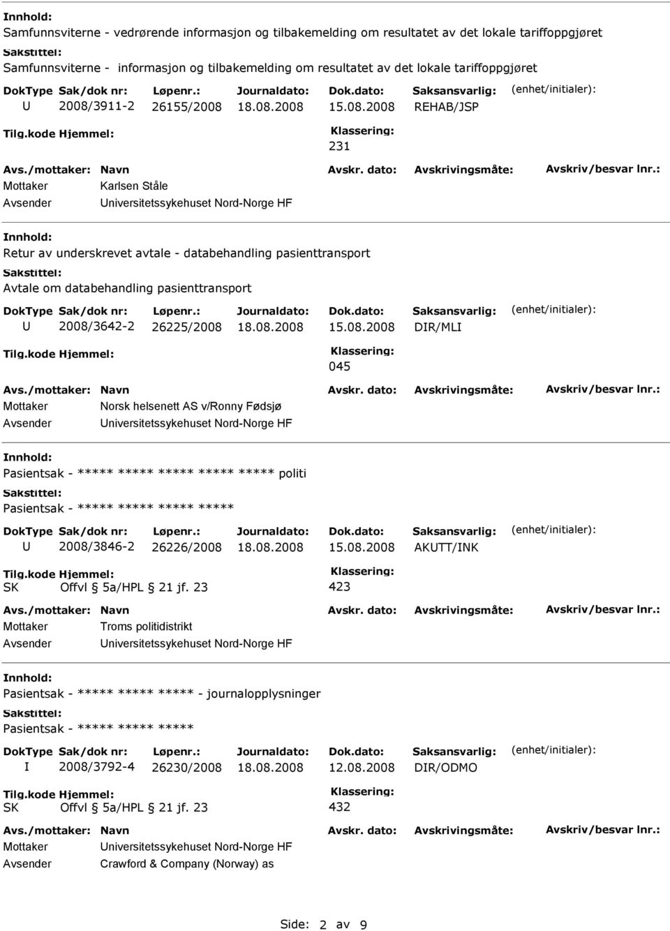 om databehandling pasienttransport 2008/3642-2 26225/2008 DR/ML 045 Mottaker Norsk helsenett AS v/ronny Fødsjø niversitetssykehuset Nord-Norge HF nnhold: ***** politi 2008/3846-2