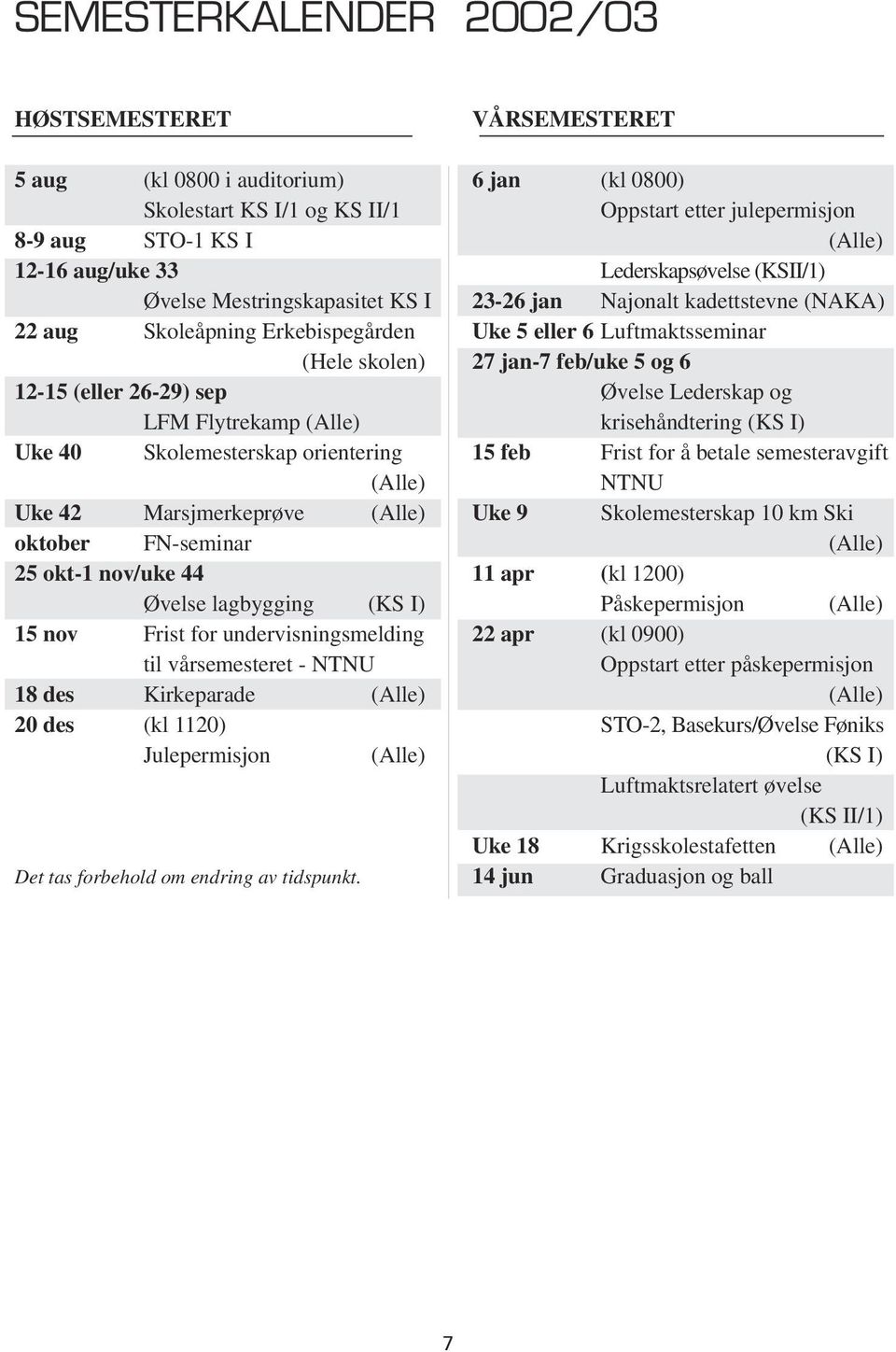 nov Frist for undervisningsmelding til vårsemesteret - NTNU 18 des Kirkeparade (Alle) 20 des (kl 1120) Julepermisjon (Alle) Det tas forbehold om endring av tidspunkt.