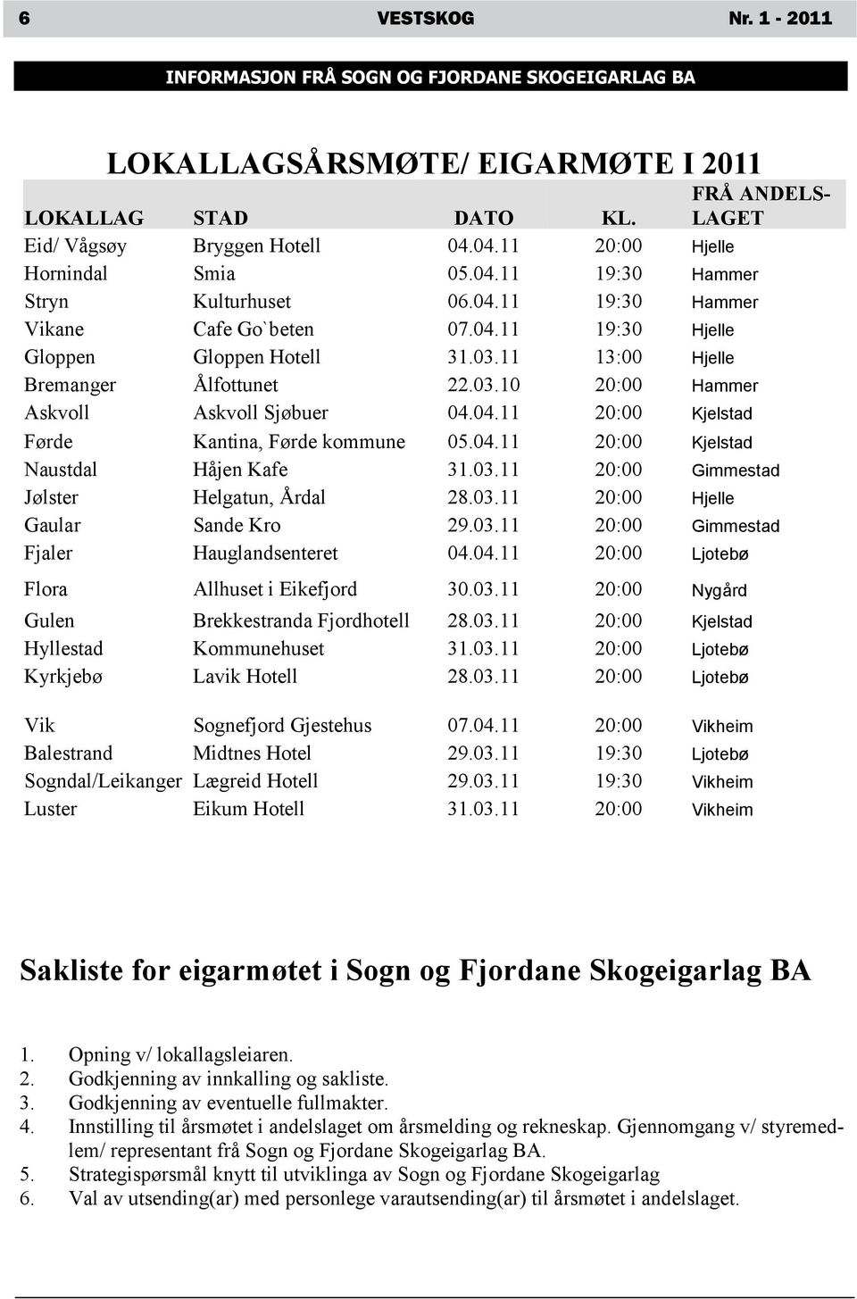 11 13:00 Hjelle Bremanger Ålfottunet 22.03.10 20:00 Hammer Askvoll Askvoll Sjøbuer 04.04.11 20:00 Kjelstad Førde Kantina, Førde kommune 05.04.11 20:00 Kjelstad Naustdal Håjen Kafe 31.03.11 20:00 Gimmestad Jølster Helgatun, Årdal 28.