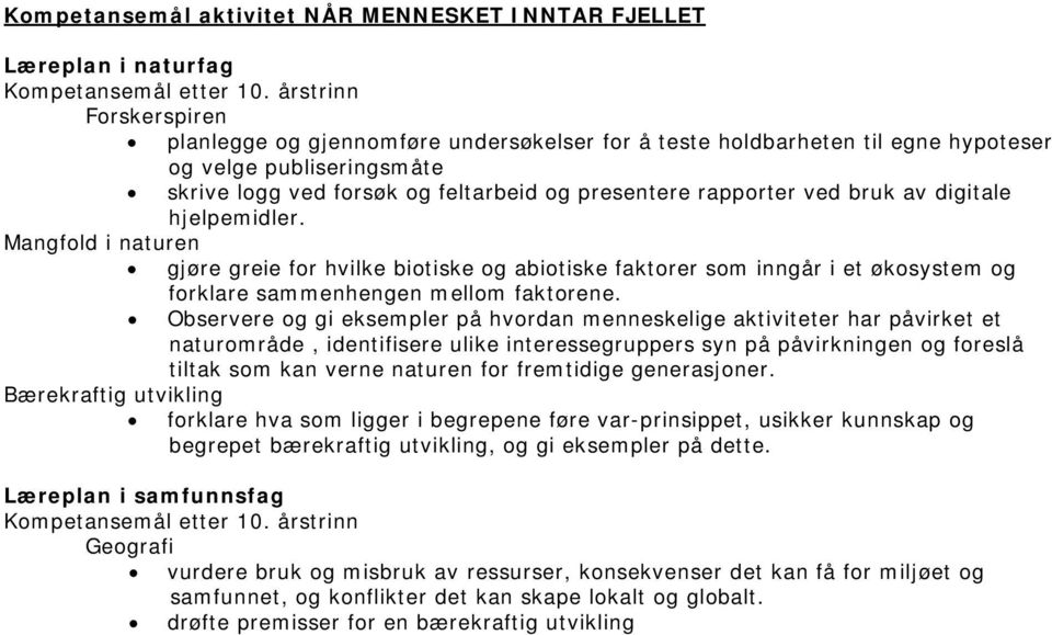 bruk av digitale hjelpemidler. Mangfold i naturen gjøre greie for hvilke biotiske og abiotiske faktorer som inngår i et økosystem og forklare sammenhengen mellom faktorene.