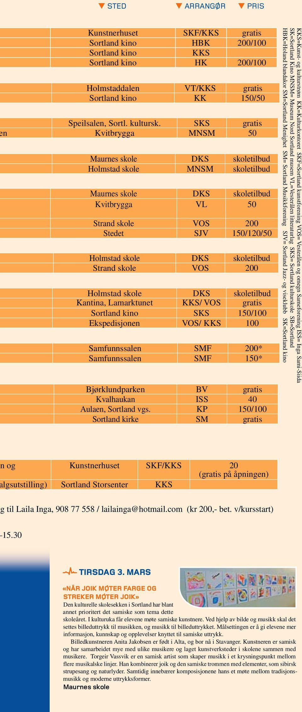 DKS skoletilbud Strand skole VOS 200 Holmstad skole DKS skoletilbud Kantina, Lamarktunet KKS/ VOS gratis Sortland kino SKS 150/100 Ekspedisjonen VOS/ KKS 100 Samfunnssalen SMF 200* Samfunnssalen SMF