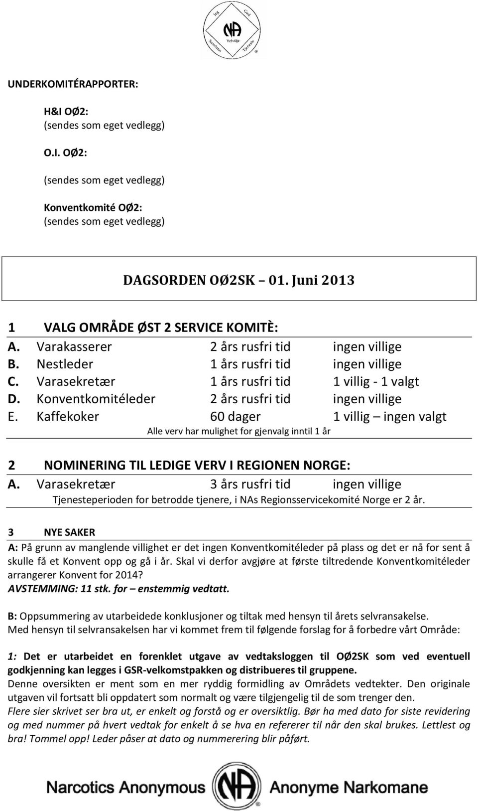 Konventkomitéleder 2 års rusfri tid ingen villige E. Kaffekoker 60 dager 1 villig ingen valgt Alle verv har mulighet for gjenvalg inntil 1 år 2 NOMINERING TIL LEDIGE VERV I REGIONEN NORGE: A.