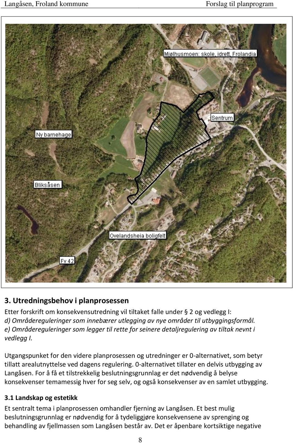 Utgangspunket for den videre planprosessen og utredninger er 0-alternativet, som betyr tillatt arealutnyttelse ved dagens regulering. 0-alternativet tillater en delvis utbygging av Langåsen.