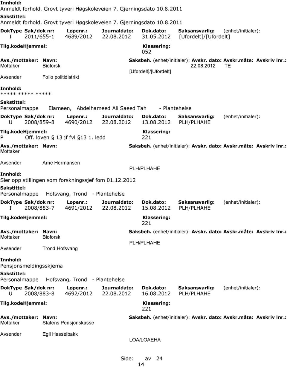 08.2012 PLH/PLHAHE Mottaker Arne Hermansen PLH/PLHAHE Sier opp stillingen som forskningssjef fom 01.12.2012 Personalmappe Hofsvang, Trond - Plantehelse I 2008/883-7 4691/2012 22.08.2012 15.08.2012 PLH/PLHAHE Trond Hofsvang 221 PLH/PLHAHE Pensjonsmeldingsskjema Personalmappe Hofsvang, Trond - Plantehelse U 2008/883-8 4692/2012 22.