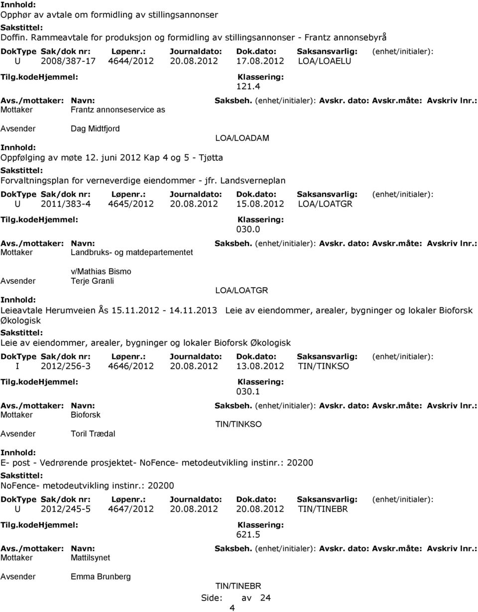 juni 2012 Kap 4 og 5 - Tjøtta Forvaltningsplan for verneverdige eiendommer - jfr. Landsverneplan U 2011/383-4 4645/2012 20.08.2012 15.08.2012 LOA/LOATGR Mottaker Landbruks- og matdepartementet 030.