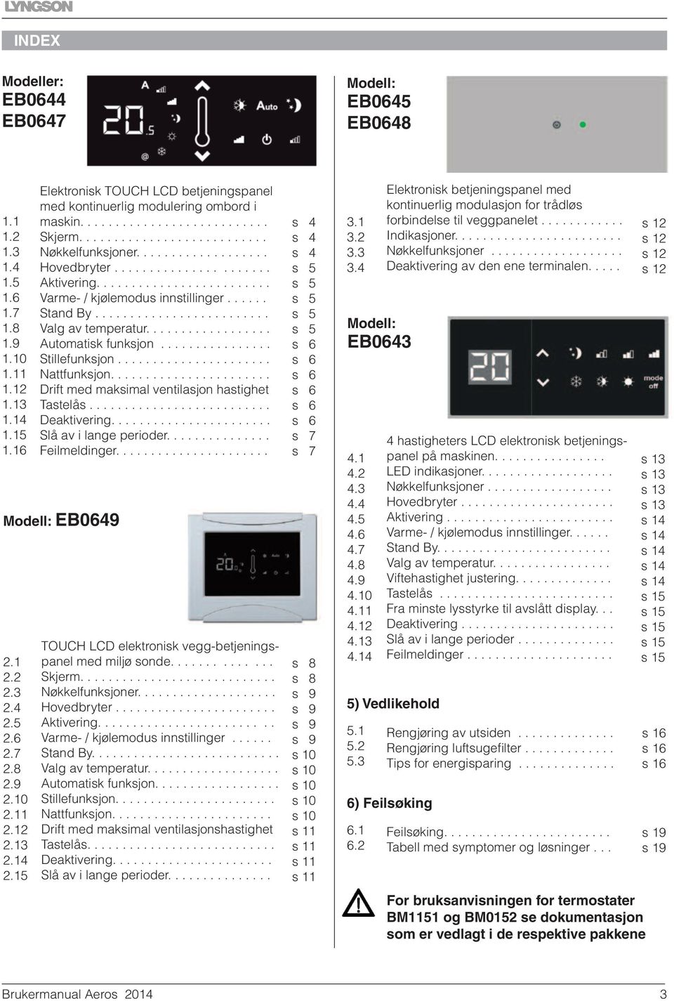 ..................... Aktivering......................... Varme- / kjølemodus innstillinger...... Stand By......................... Valg av temperatur.................. Automatisk funksjon.