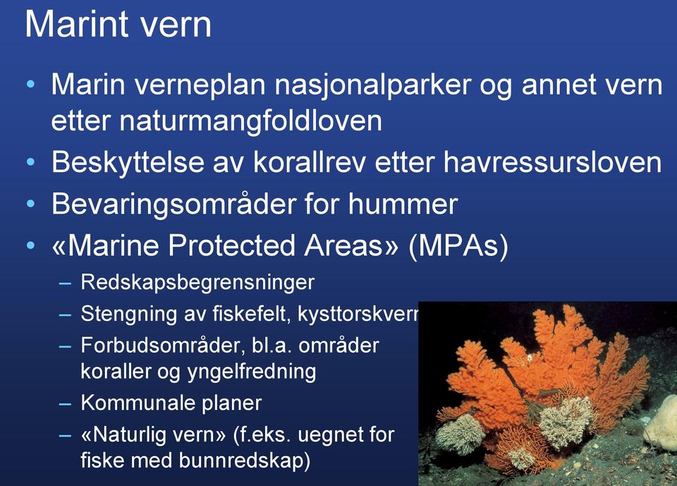 Redskapsbegrensninger Stengning av fiskefelt, kysttorskvern Forbudsområder, bl.a. områder med koraller og yngelfredning Kommunale planer «Naturlig vern» (f.