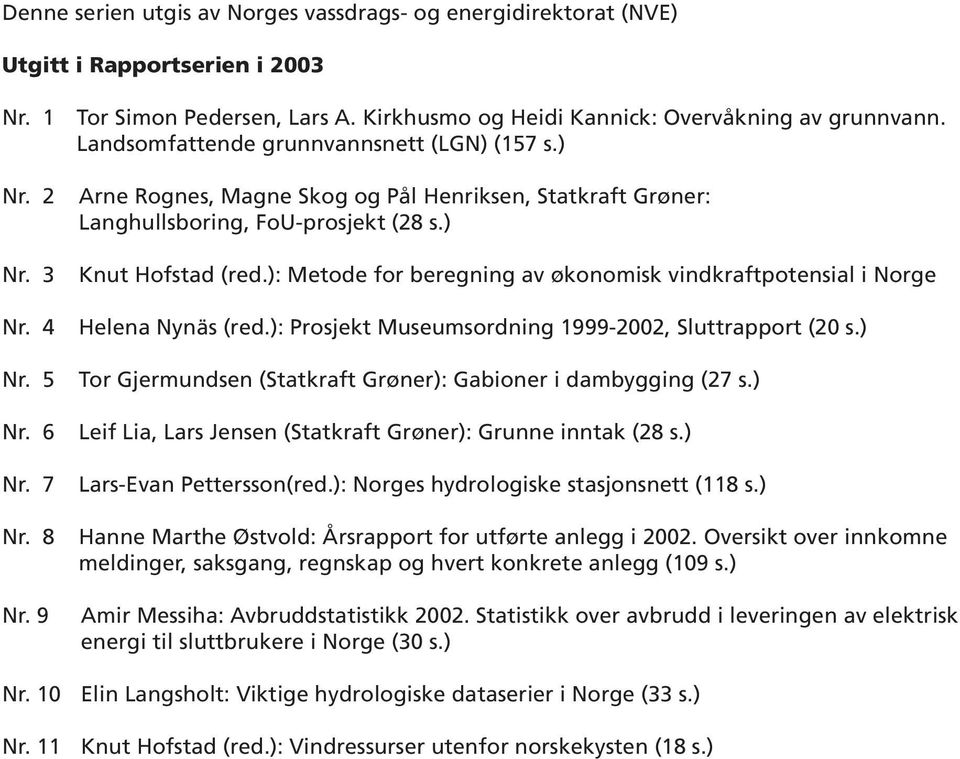 ): Metode for beregning av økonomisk vindkraftpotensial i Norge Nr. 4 Helena Nynäs (red.): Prosjekt Museumsordning 1999-2002, Sluttrapport (20 s.) Nr.