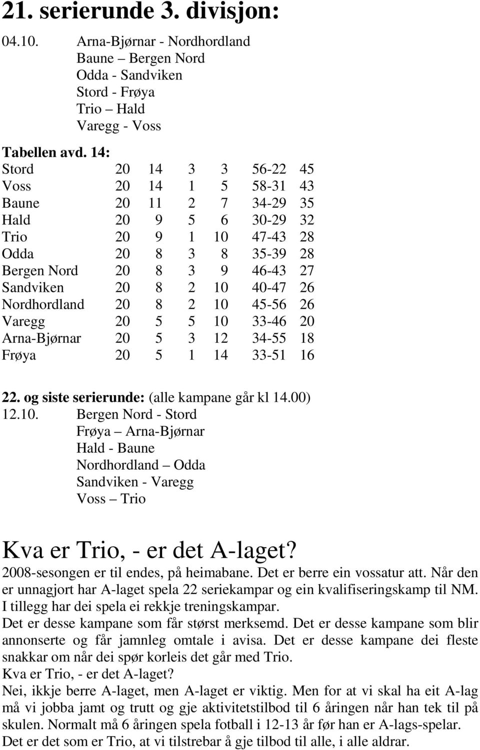 40-47 26 Nordhordland 20 8 2 10 45-56 26 Varegg 20 5 5 10 33-46 20 Arna-Bjørnar 20 5 3 12 34-55 18 Frøya 20 5 1 14 33-51 16 22. og siste serierunde: (alle kampane går kl 14.00) 12.10. Bergen Nord - Stord Frøya Arna-Bjørnar Hald - Baune Nordhordland Odda Sandviken - Varegg Voss Trio Kva er Trio, - er det A-laget?