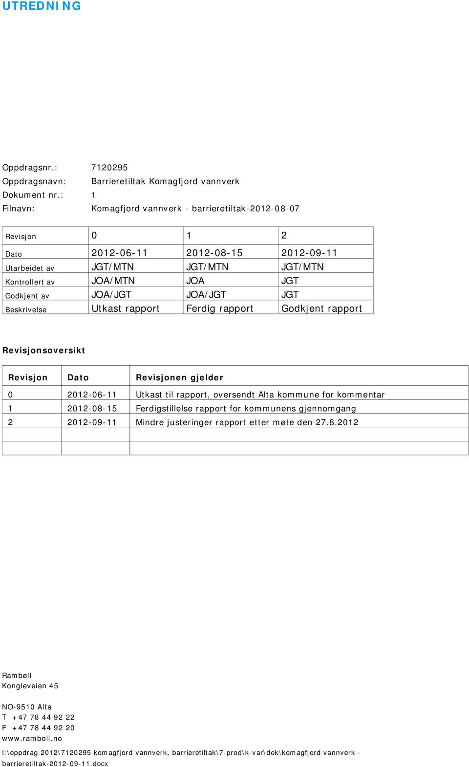 JOA/JGT JOA/JGT JGT Beskrivelse Utkast rapport Ferdig rapport Godkjent rapport Revisjonsoversikt Revisjon Dato Revisjonen gjelder 0 2012-06-11 Utkast til rapport, oversendt Alta kommune for kommentar