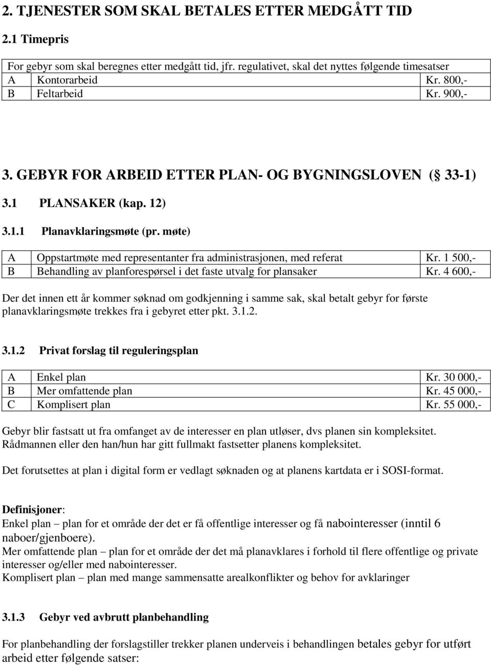 møte) A Oppstartmøte med representanter fra administrasjonen, med referat Kr. 1 500,- B Behandling av planforespørsel i det faste utvalg for plansaker Kr.