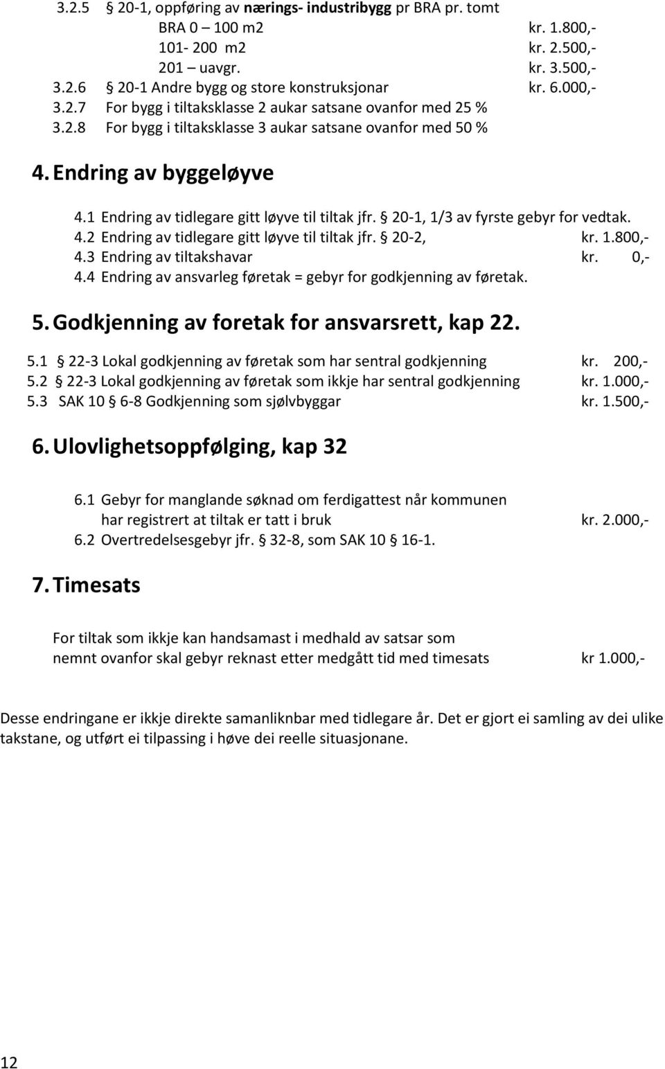 20-2, kr. 1.800,- 4.3 Endring av tiltakshavar kr. 0,- 4.4 Endring av ansvarleg føretak = gebyr for godkjenning av føretak. 5. Godkjenning av foretak for ansvarsrett, kap 22. 5.1 22-3 Lokal godkjenning av føretak som har sentral godkjenning kr.